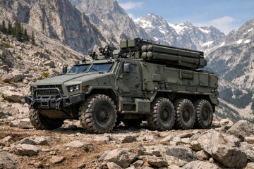 Obraz premium Heavyduty Explorer On Rugged Terrain. Durable Tactical Truck Navigating Steep Rocky Paths. Armored Vehicle Conquering Challenging Mountain Passes With Equipment And Strength