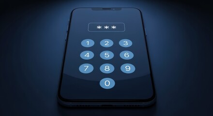 Obraz premium Modern smartphone displaying a secure passcode entry screen with a digital keypad in a dark, blue-lit environment