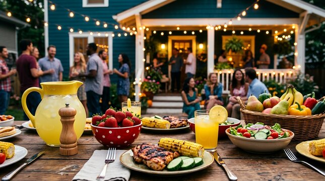 Summer backyard garden party with outdoor dinner table, festive barbecue gathering with friends, evening house celebration with string lights