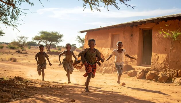 Joyful African Children Running Outdoors in Rural Village.