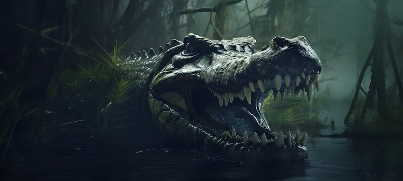 alligator chomping on bones in a swamp ,generative AI
