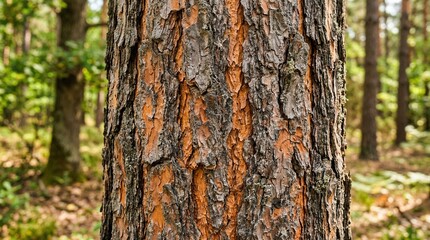 Fototapeta premium Close-up of rough, textured pine tree bark with orange and gray hues in a forest setting.