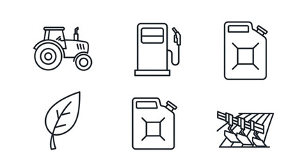 Fototapeta premium Agricultural and industrial icons representing farming, fuel, and nature elements in a line art style.
