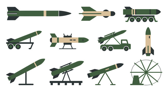 Military missile and rocket launcher vector icon set, modern defense system illustrations, clean flat vector collection featuring ballistic missiles, mobile launchers, and strategic defense units, 