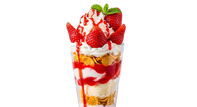 strawberry parfait dessert a layered sweet treat with fresh strawberries whipped cream and ice cream in a tall glass perfect for a summer menu.