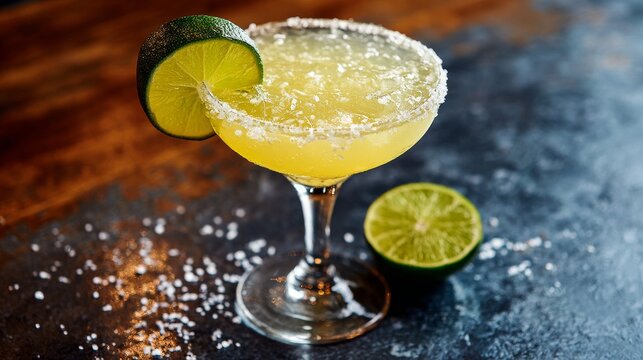 Classic margarita cocktail with fresh lime juice, salted rim and clear ice in elegant glass, refreshing citrus drink with vibrant green garnish, isolated on clean background, traditional mexican bever