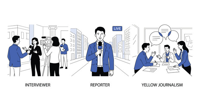 Journalism Illustration Professional News Interviewer Reporter and Yellow Journalism Depicting Media Broadcasting Camera Crew and Editorial Team