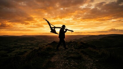 Fototapeta premium Dusk Landscape of Farmer Carrying Tool Over Hills