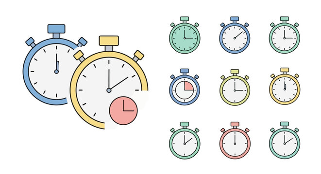 Colorful stopwatch icons on white background.