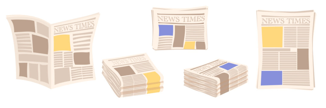 Cartoon vector set of newspaper piles and stacked paper bundles with folded pages and headline areas isolated on white background for daily news media communication journal article magazine design