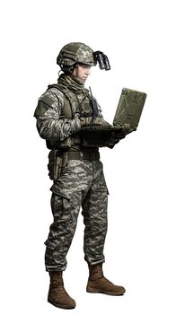 Military personnel with laptop and helmet