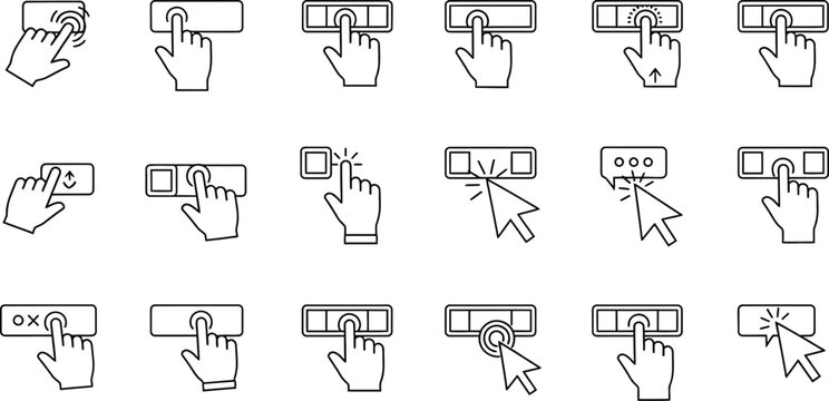 Set of hand cursor icons showing user interactions with digital buttons and interfaces. Pointer pressing buttons and selecting options.