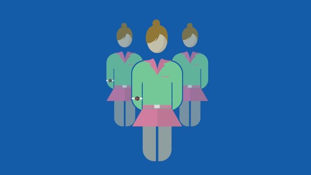 Animated group of professional women icons standing on a blue background in 4k res