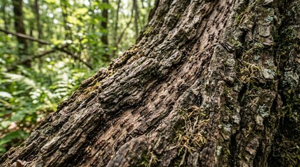 Fototapeta premium Close-up of textured tree bark with moss in a lush green forest
