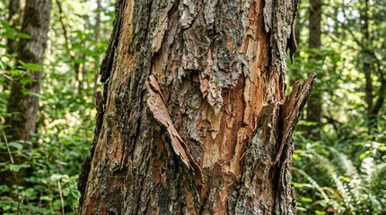 Obraz premium Close-up of rough, textured tree bark with peeling sections in a lush green forest.