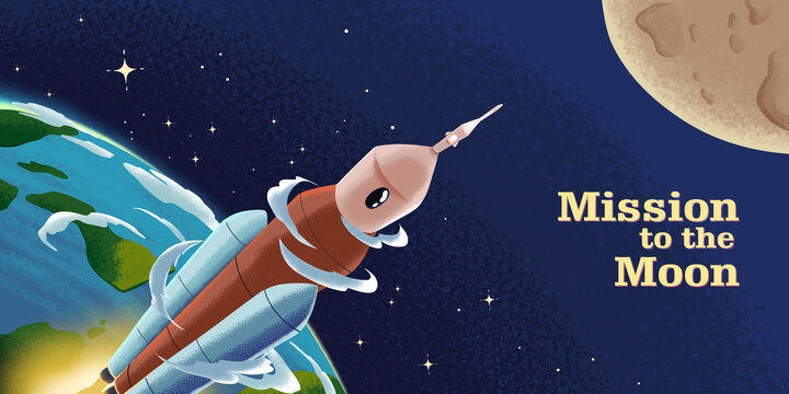 Hand-Drawn Space Mission Illustration: Rocket Launching from Earth to the Moon