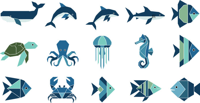 Geometric Marine Animals Vector Set with Fish, Whale, Dolphin, Turtle, Crab, and Octopus, Modern Ocean Wildlife Illustration Collection for Design and Branding Projects.