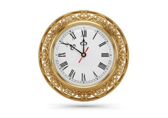 Fototapeta premium Elegant gold ornate clock face with roman numerals and hands on white background