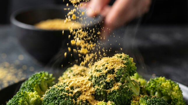 Hand sprinkling nutritional yeast flakes onto fresh steamed broccoli florets with rising steam on a dark moody background.