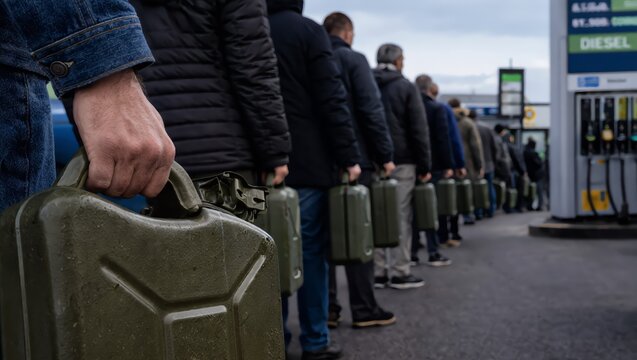 Long line of people holding fuel jerry cans at gas station during shortage