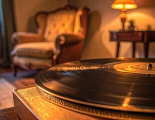 Obraz premium Vintage Vinyl Record Player in Cozy Living Room Setting.