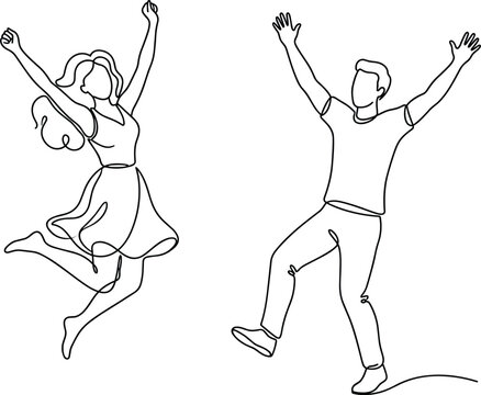 Continuous line drawing of happy couple jumping with raised hands expressing freedom excitement and joyful celebration moment together