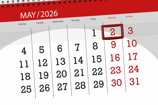 Calendar 2026, deadline, day, month, page, organizer, date, May, saturday, number 2