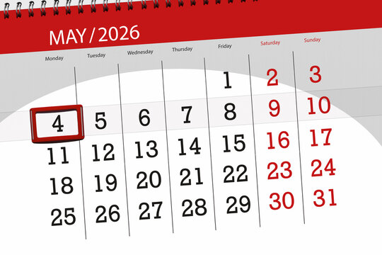 Calendar 2026, deadline, day, month, page, organizer, date, May, monday, number 4
