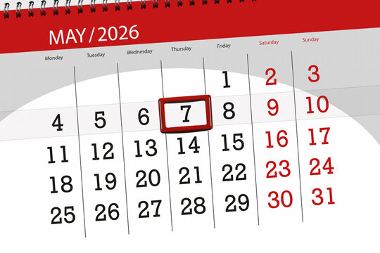 Calendar 2026, deadline, day, month, page, organizer, date, May, thursday, number 7