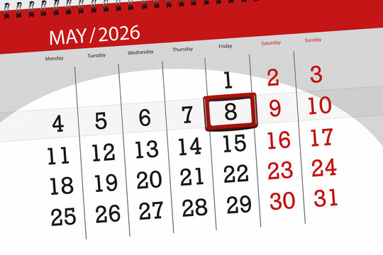 Calendar 2026, deadline, day, month, page, organizer, date, May, friday, number 8