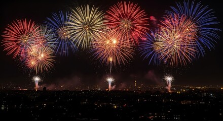 Fototapeta premium Colorful Fireworks Display Over City Skyline at Night