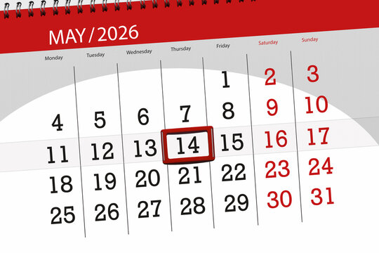 Calendar 2026, deadline, day, month, page, organizer, date, May, thursday, number 14