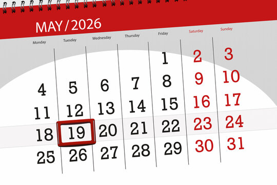 Calendar 2026, deadline, day, month, page, organizer, date, May, tuesday, number 19