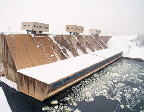 Winter view of a concrete dam with snow and ice floating in cold water