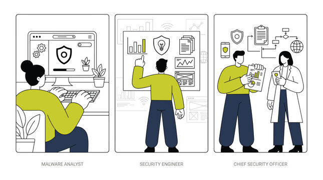 Cybersecurity team roles including malware analyst monitoring threats, security engineer analyzing data, and chief security officer managing protection illustration