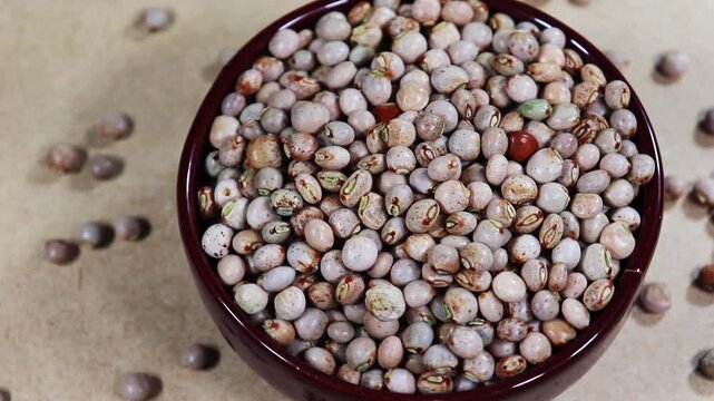 Pigeon pea (Cajanus cajan) seeds in a ceramic bowl rotate on a wooden table in Brazil.