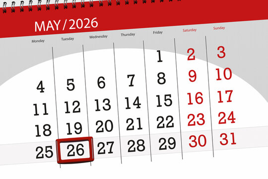 Calendar 2026, deadline, day, month, page, organizer, date, May, tuesday, number 26