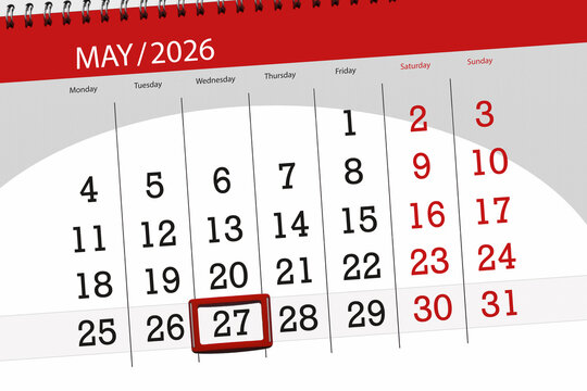 Calendar 2026, deadline, day, month, page, organizer, date, May, wednesday, number 27