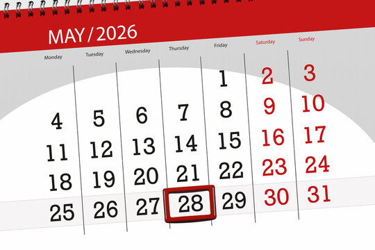 Calendar 2026, deadline, day, month, page, organizer, date, May, thursday, number 28