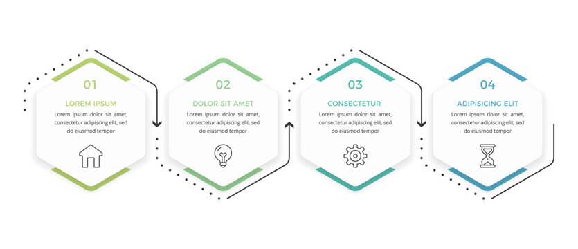 Infographic template with four numbered hexagonal elements connected by arrows