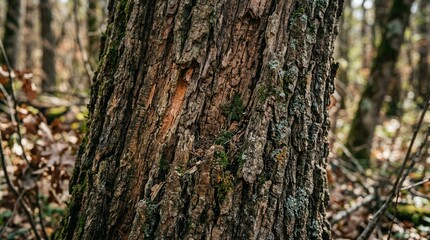 Obraz premium Close-up of rough tree bark texture with moss and lichen in a forest setting