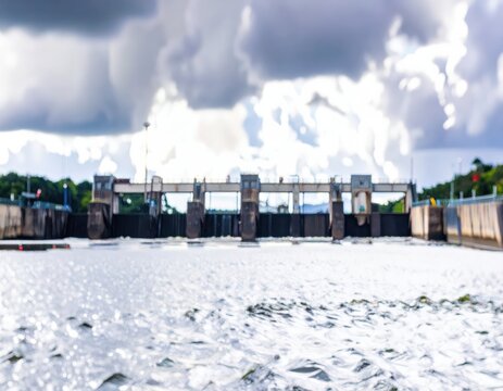 Abstract blurred view of a dam with flowing water and a bright cloudy sky