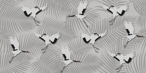 Fototapeta premium Japanese style crane birds flying over palm leaves, elegant oriental wallpaper pattern, minimalist gray and white tropical foliage background