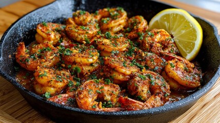 Fototapeta premium cajun shrimp with bold spices, juicy pan-seared seafood, rich louisiana style seasoning, garnished with fresh herbs, vibrant gourmet presentation, flavorful southern cuisine dish, high detail food pho