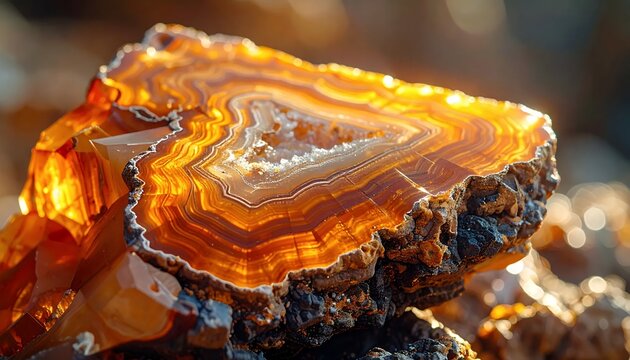 Close-up of a vibrant, translucent agate slice showcasing intricate natural patterns and warm, earthy tones.