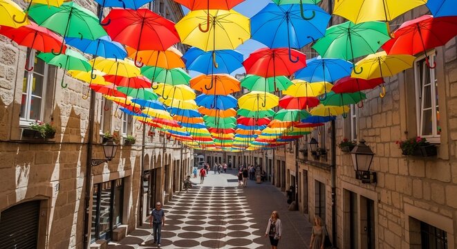 Colorful Umbrellas Decorating a Street in Agueda Portugal.
