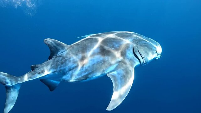 Sunfish swimming peacefully underwater in deep blue sea