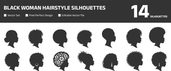 Black woman hairstyle silhouette collection featuring afro, curly, natural hair profiles, beauty vector set isolated on white background © Joy