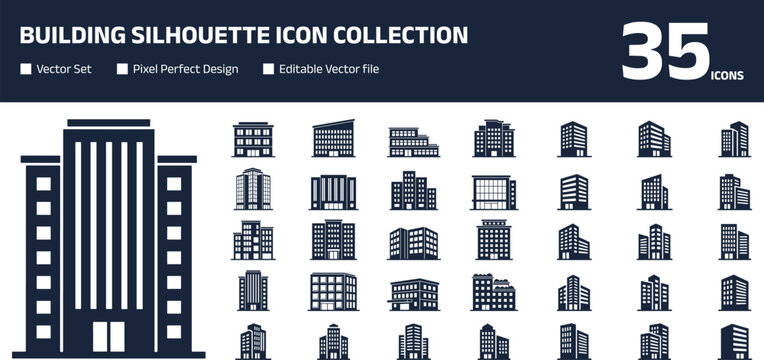 Building silhouette icon collection featuring various city structures, apartments, offices, urban architecture vector set isolated on white background
