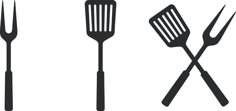 Grill tools silhouette set featuring barbecue fork and spatula, cooking utensil vector collection isolated on white background